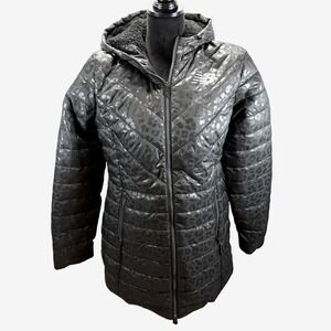 NWT New Balance Tech Jacket Black Leopard Puffer Jacket Womens Size Large